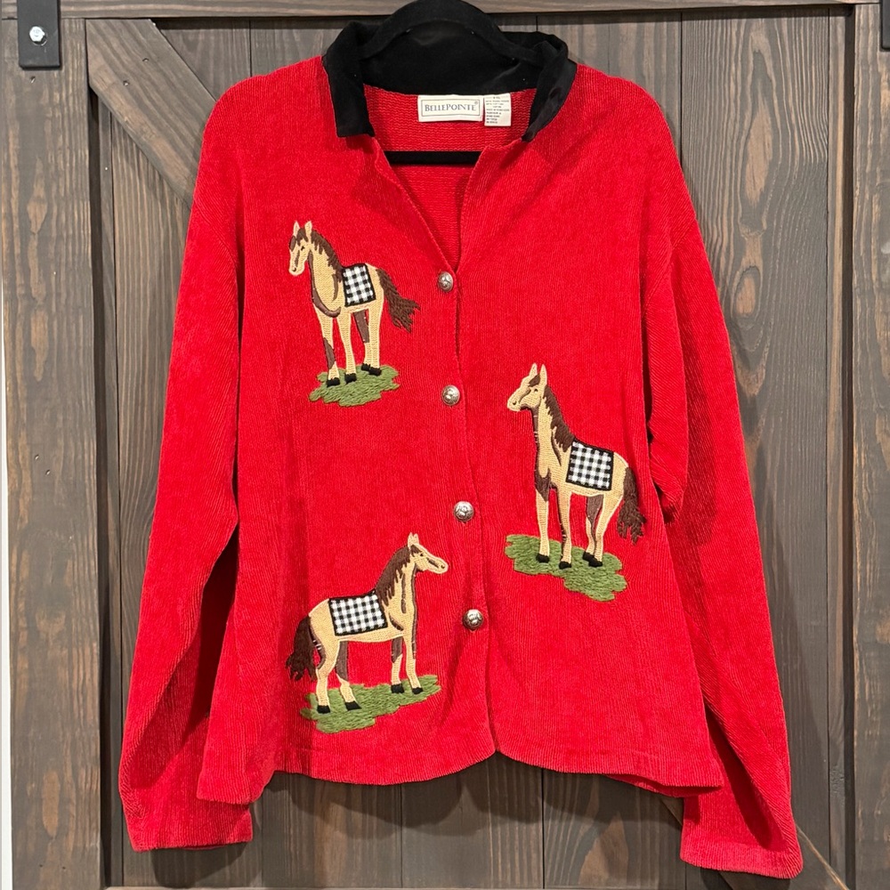 Bellepointe Women’s Red Embroidered Horse‎ Equestrian Cardigan Sweater Size XXL
